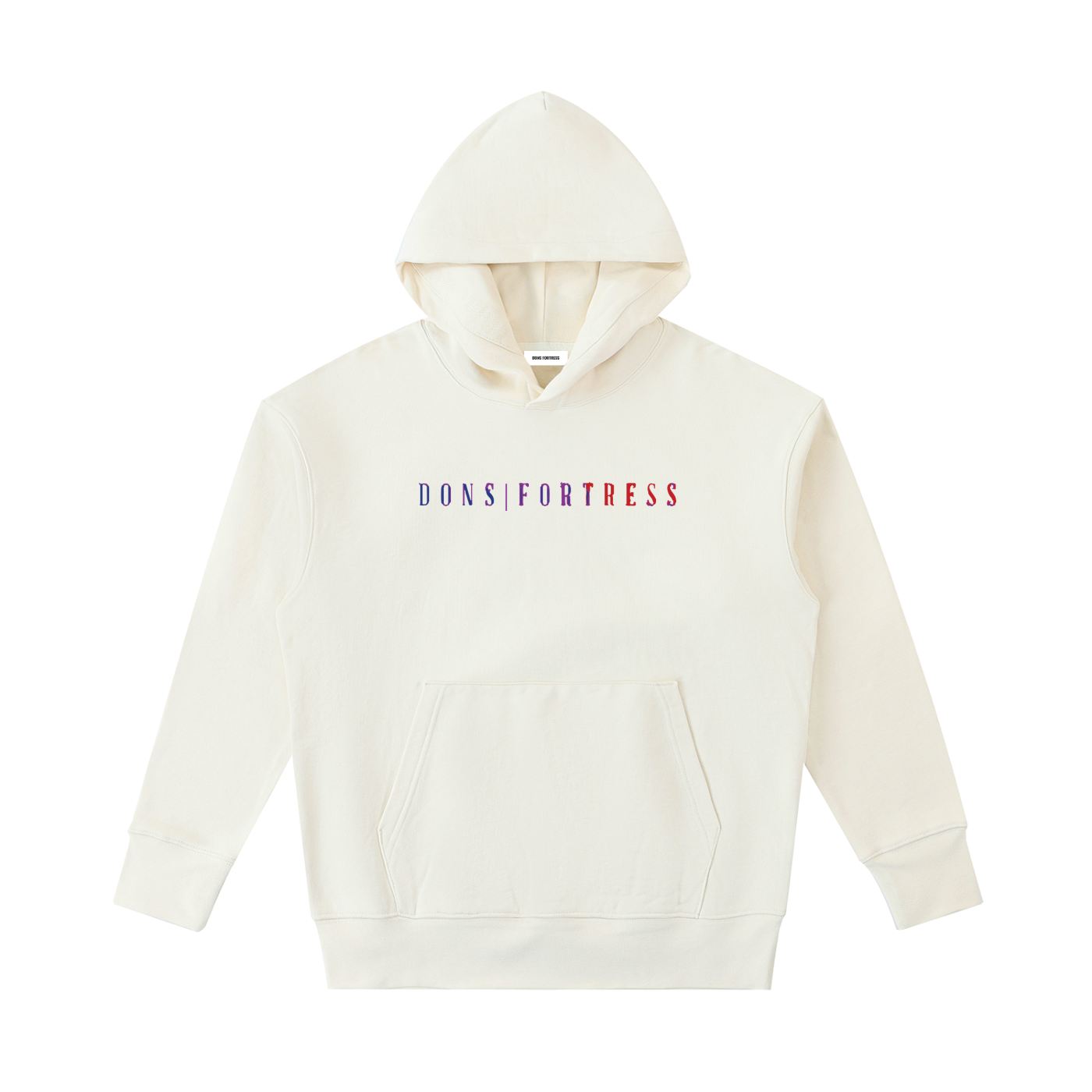 White hoodie with colourful text on a white background