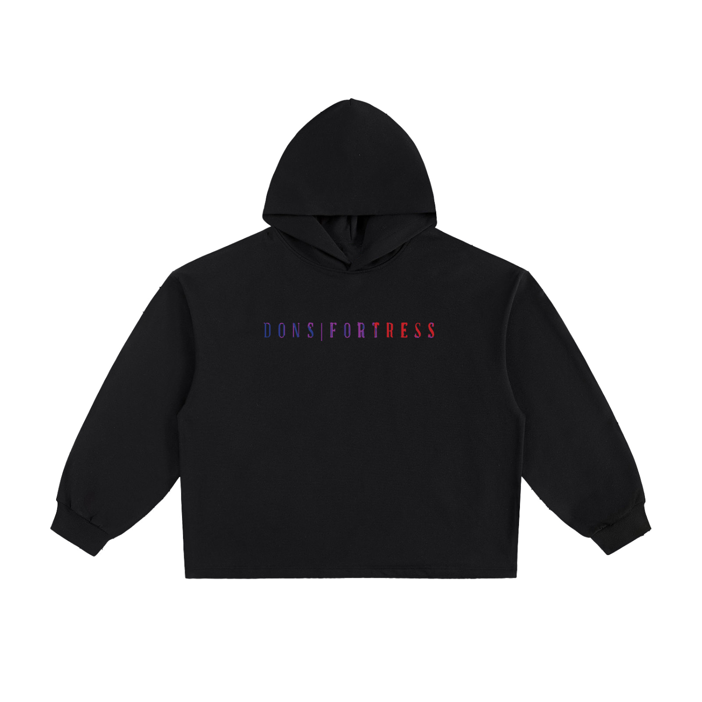 Black hoodie with 'DONS FORTRESS' text on a white background