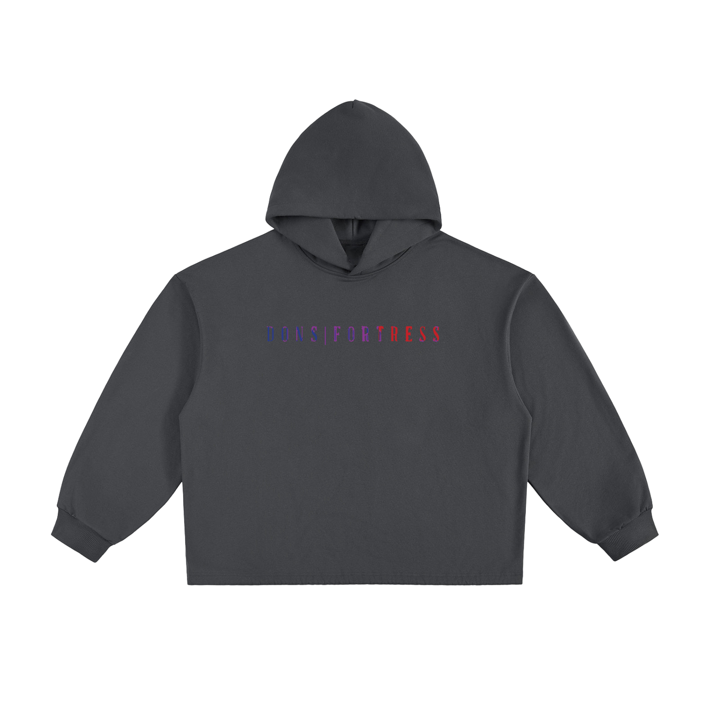 Dark gray hoodie with colorful text on a white background