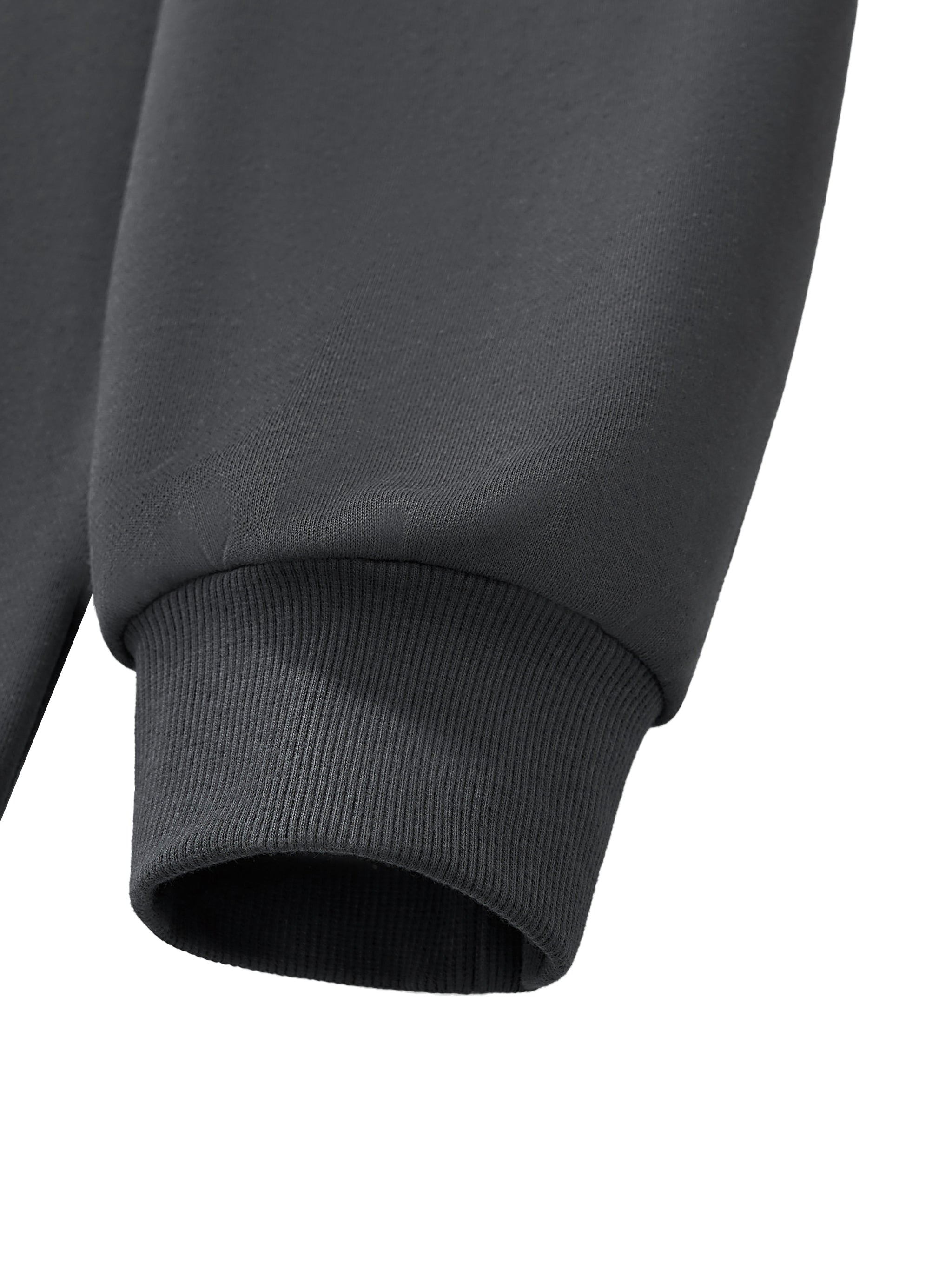 Close-up of a dark gray sweatshirt sleeve on a white background