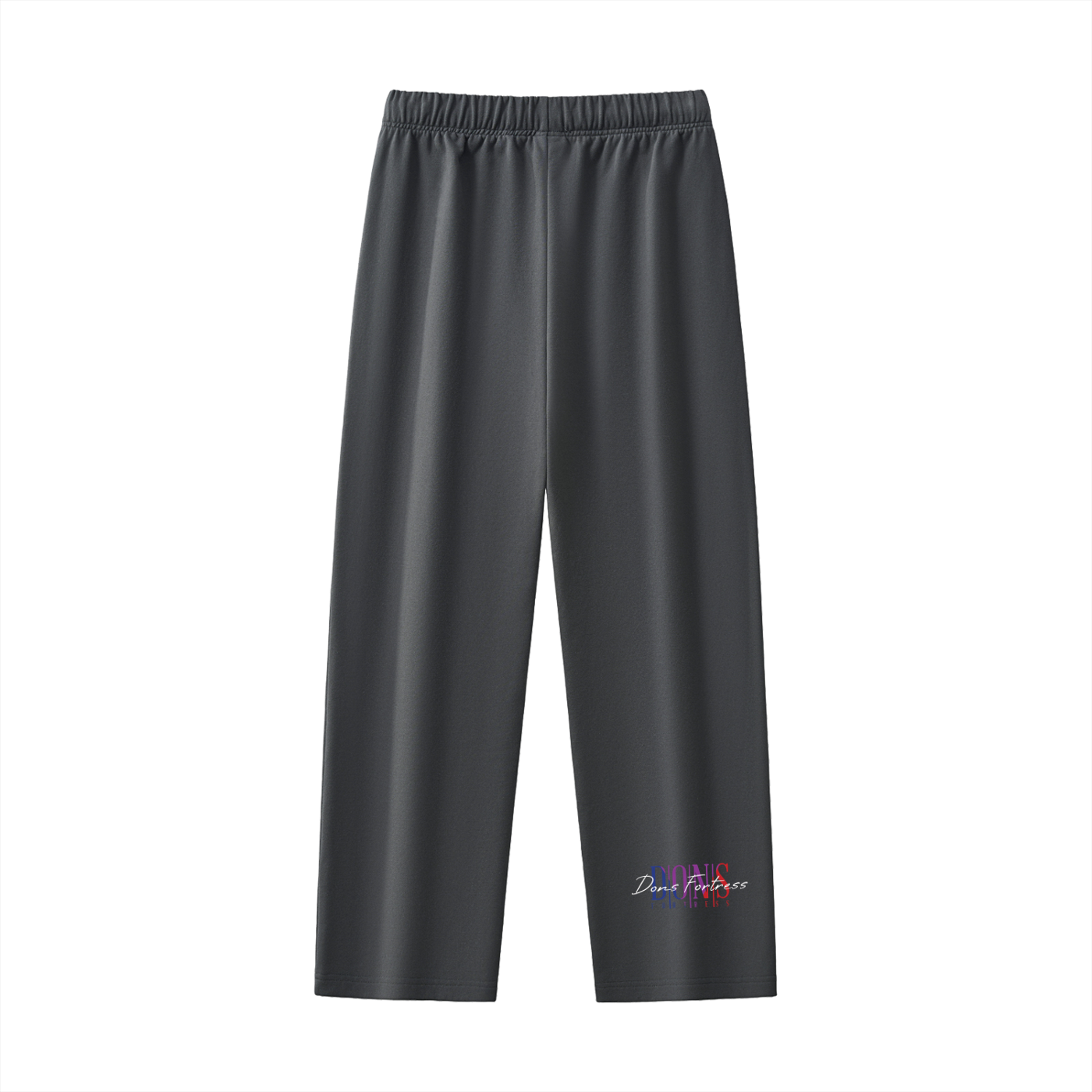 Black pants with a colorful brand logo on a white background