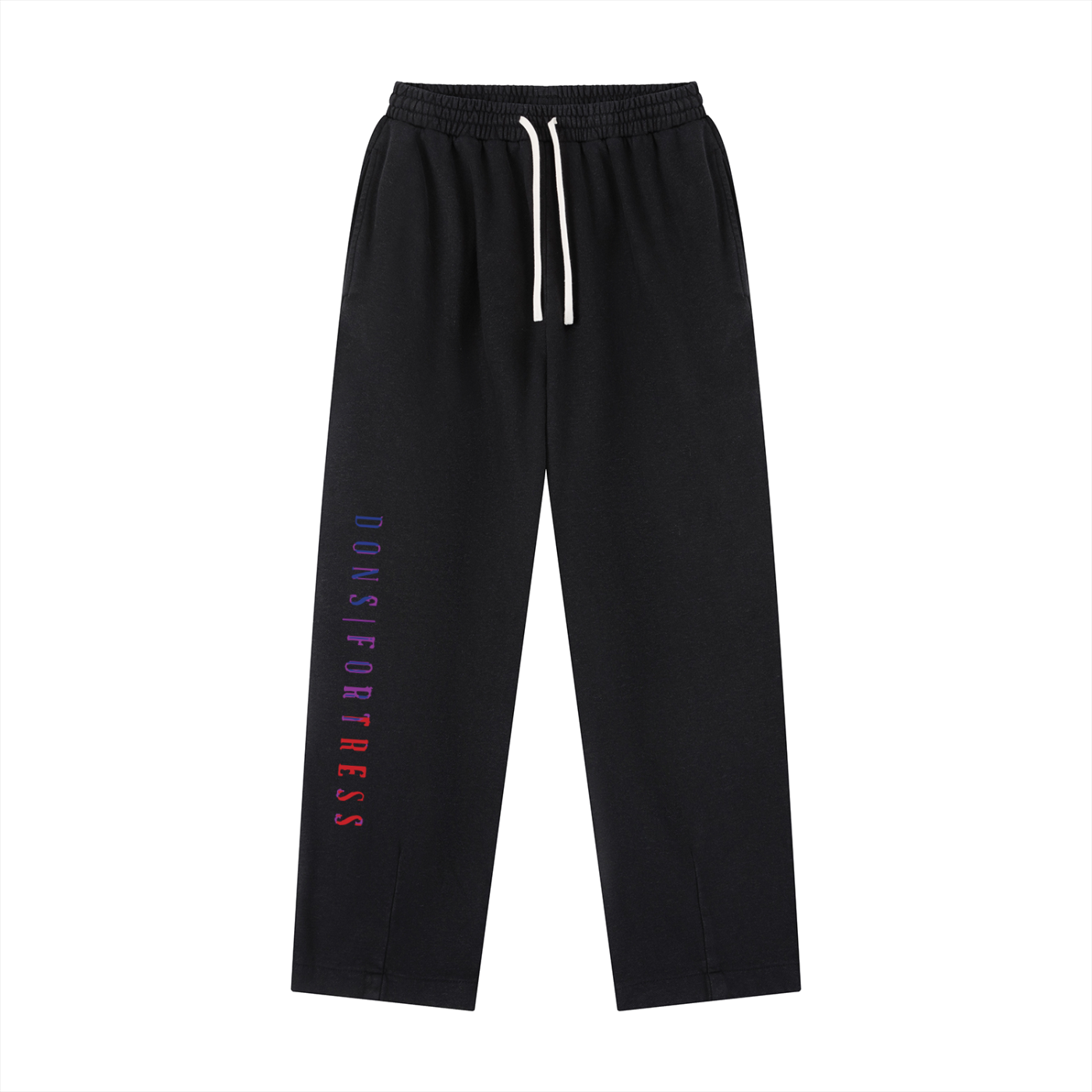 Black pants with a brand logo on a white background