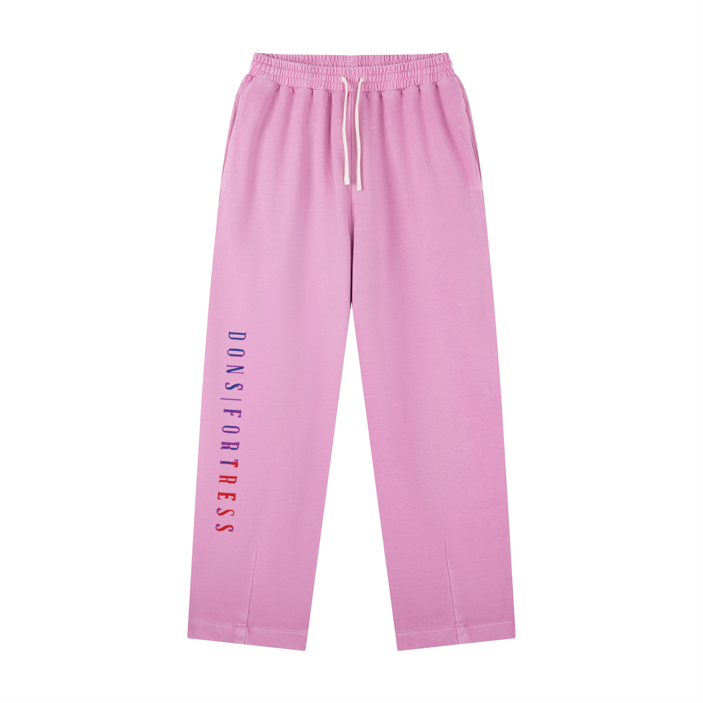 Pink sweatpants with 'Dons Fortress' text on a white background