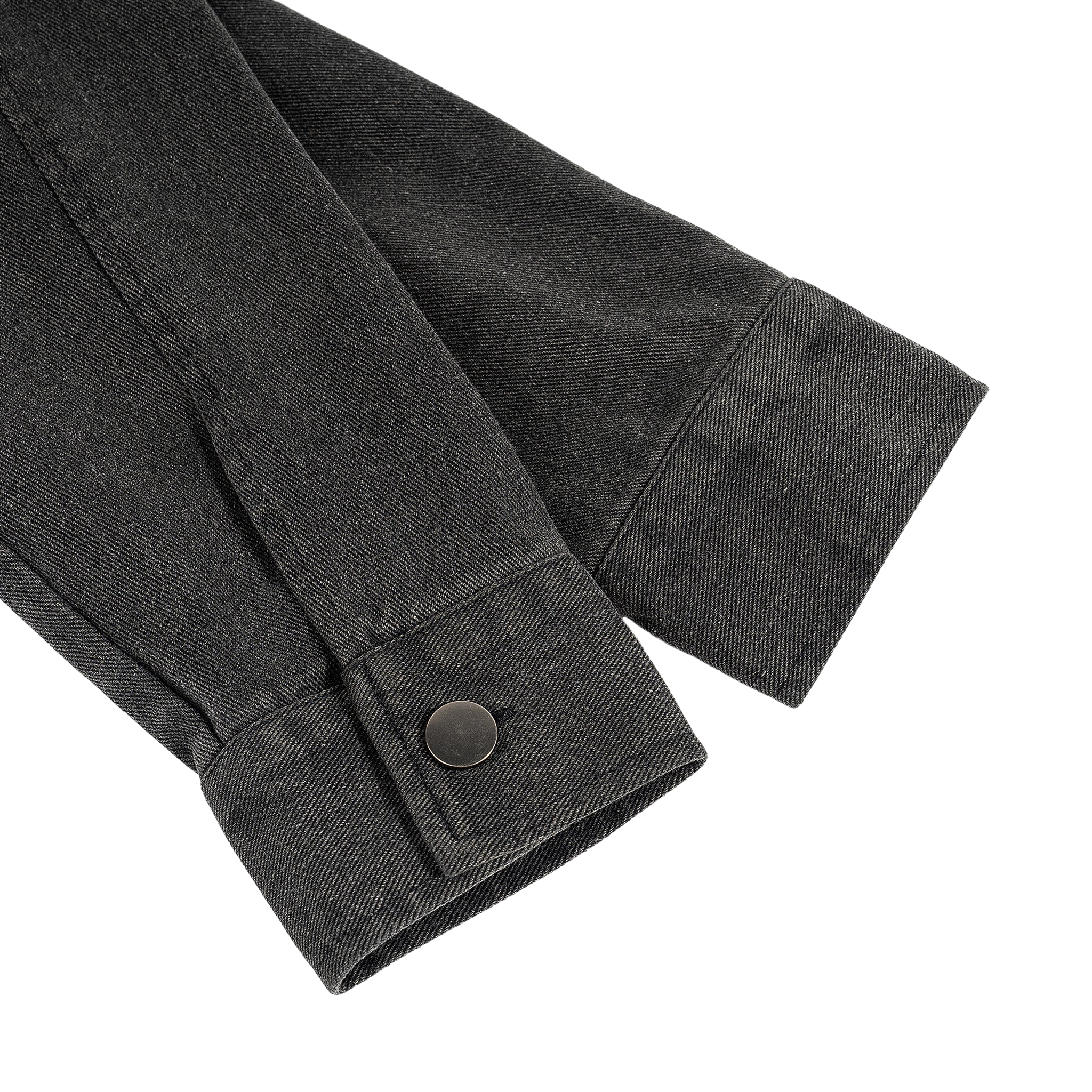 Close-up of a dark gray jacket with a button on a white background