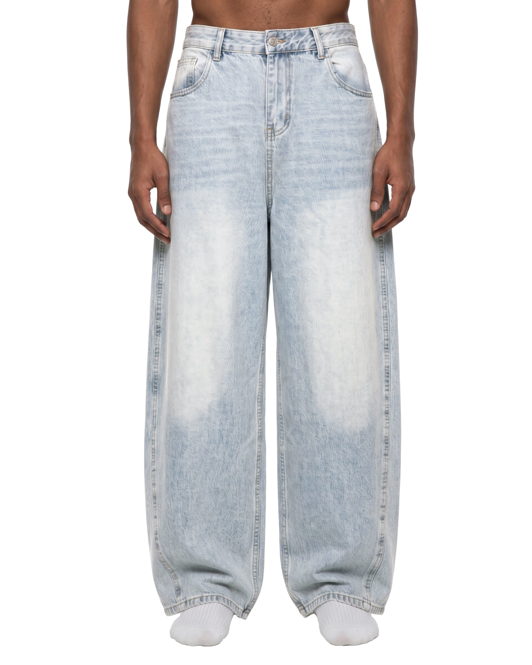 Light blue jeans worn by a person on a white background