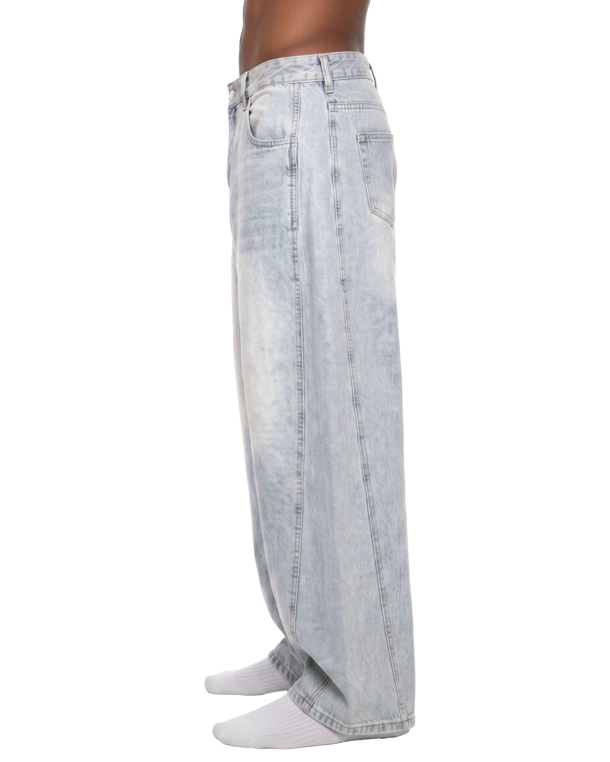 Light blue jeans worn by a person on a white background