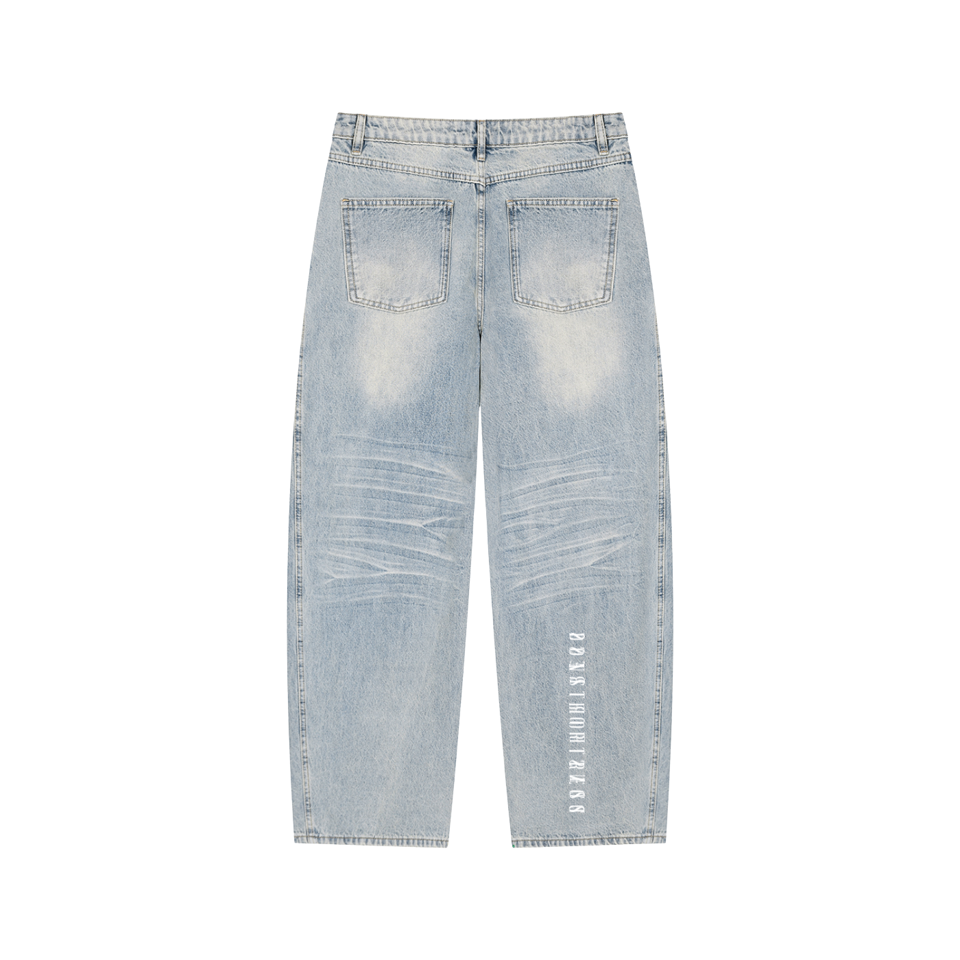 Light blue distressed jeans with a brand logo on a white background