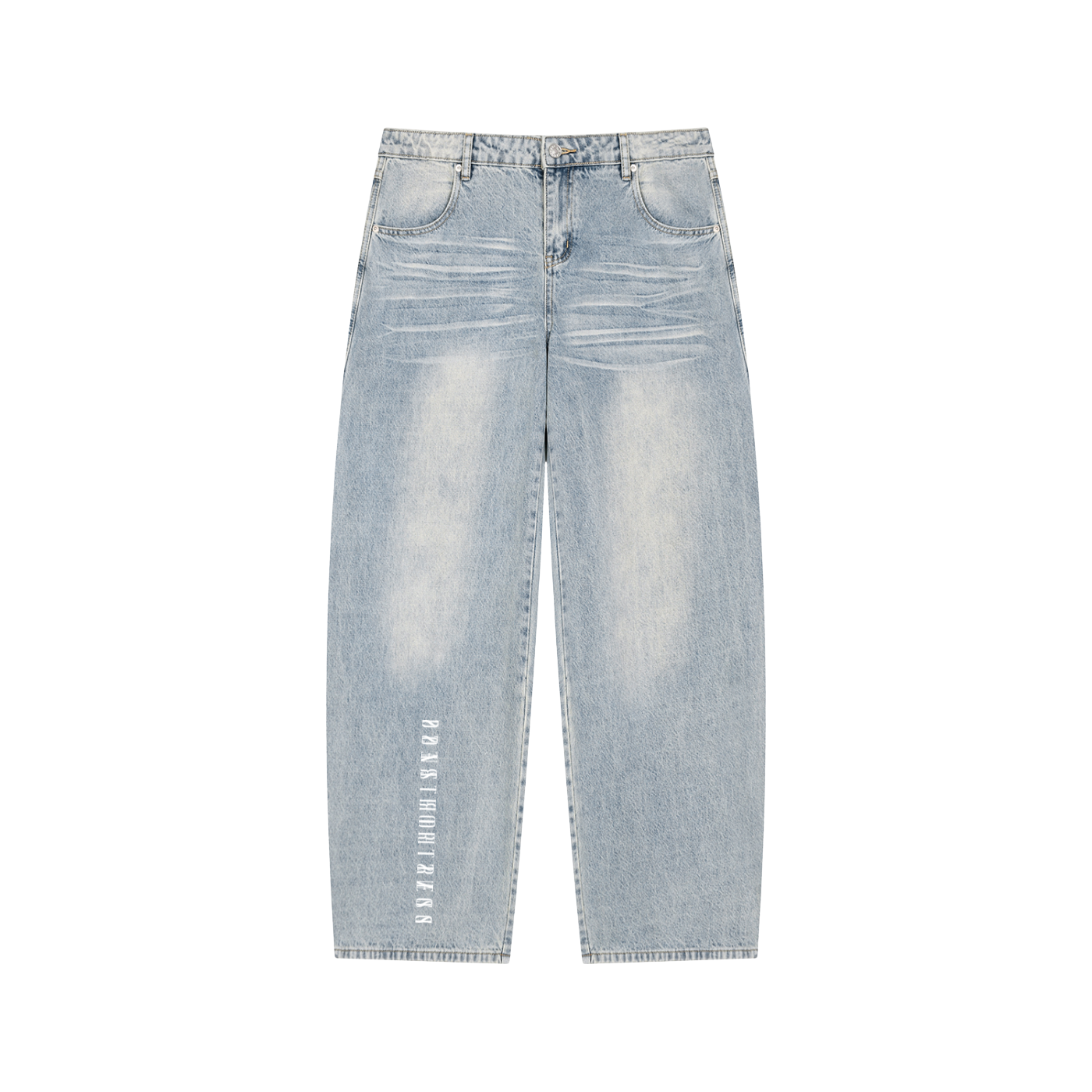 Light blue distressed jeans on a white background