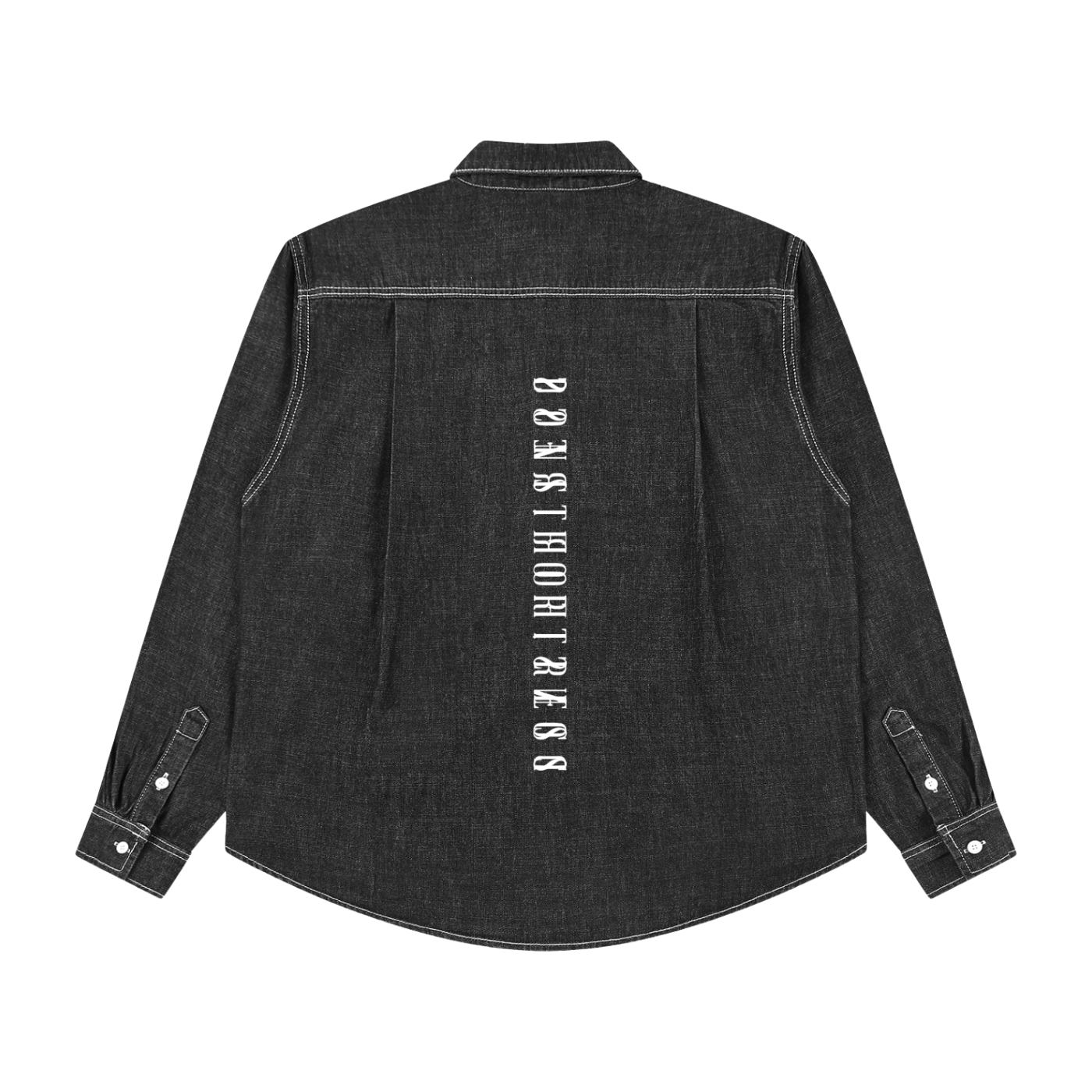 Black denim shirt with text on the back on a white background