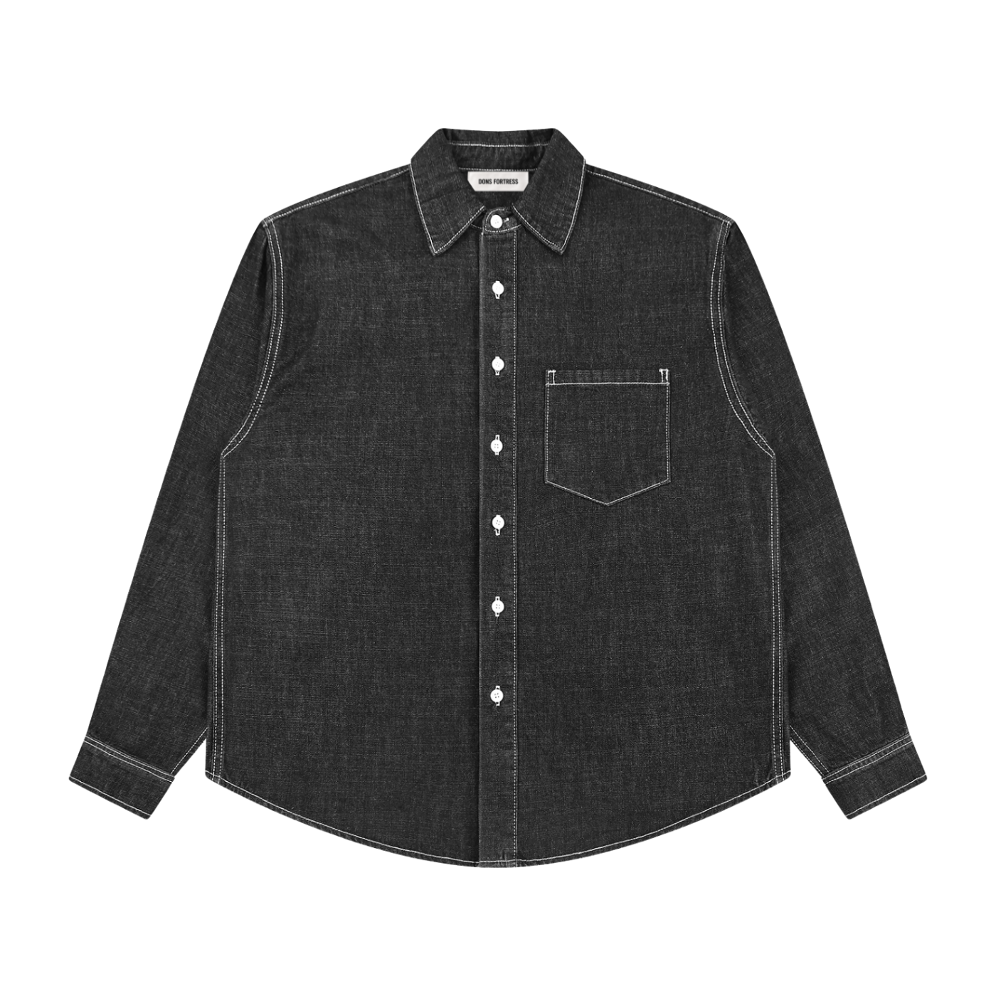 Black denim shirt with white buttons on a white background