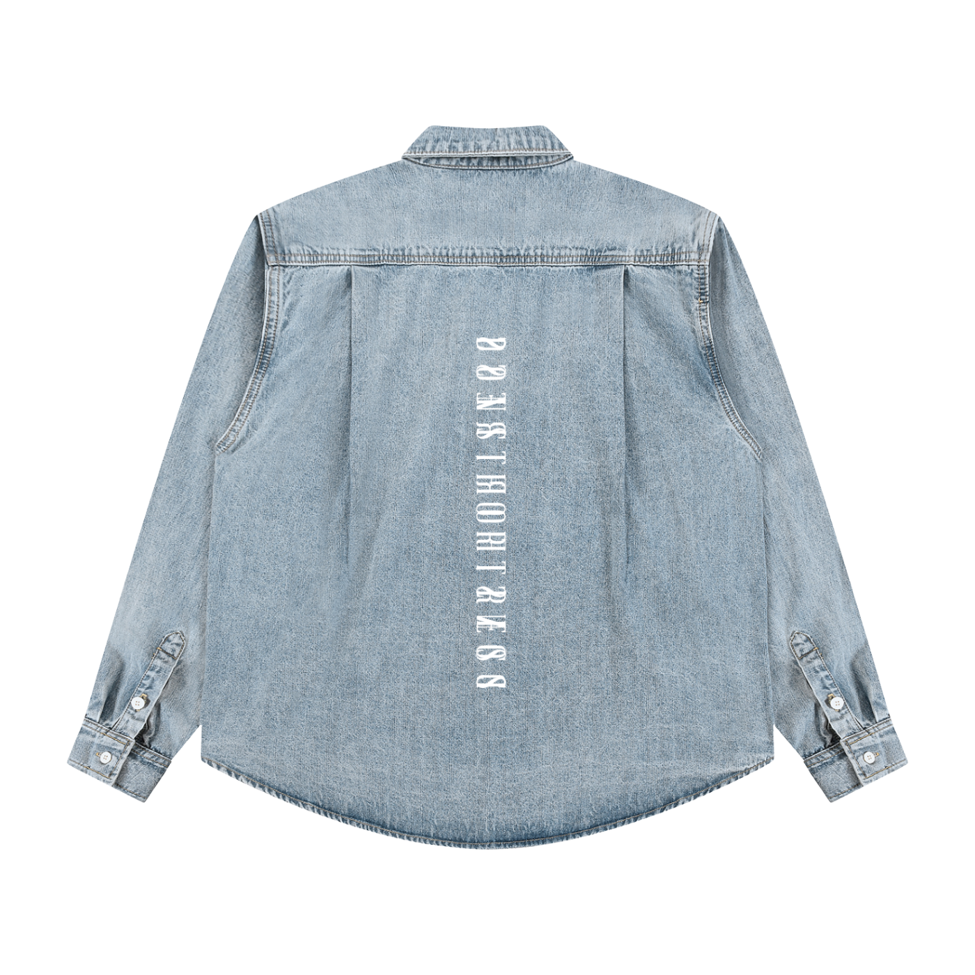 Light blue denim shirt with text on the back against a white background