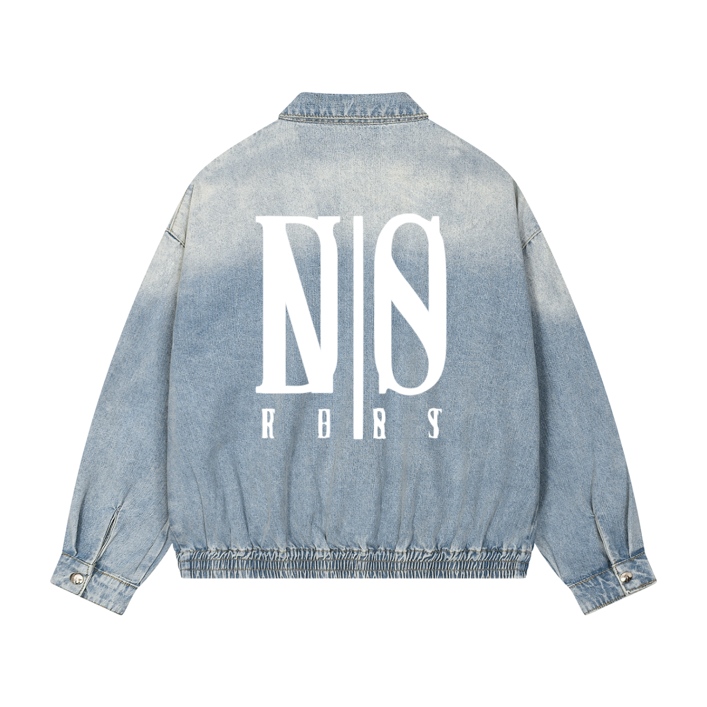 Denim jacket with a logo on the back against a white background