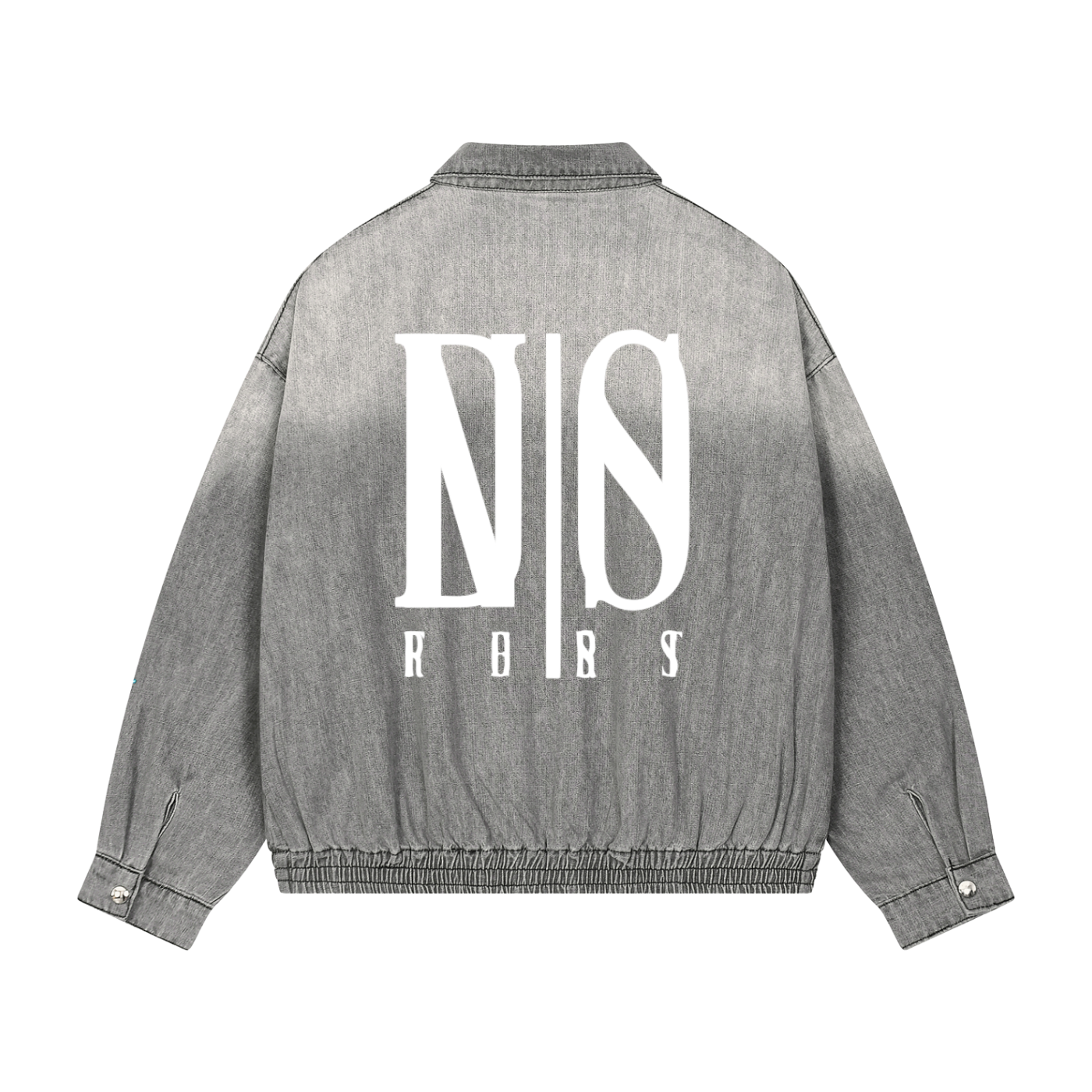 Gray denim jacket with white logo on the back against a white background