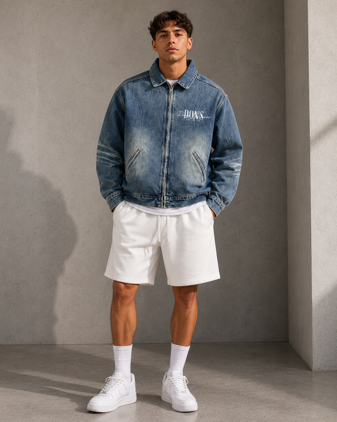 Man wearing a blue denim jacket and white shorts against a gray background
