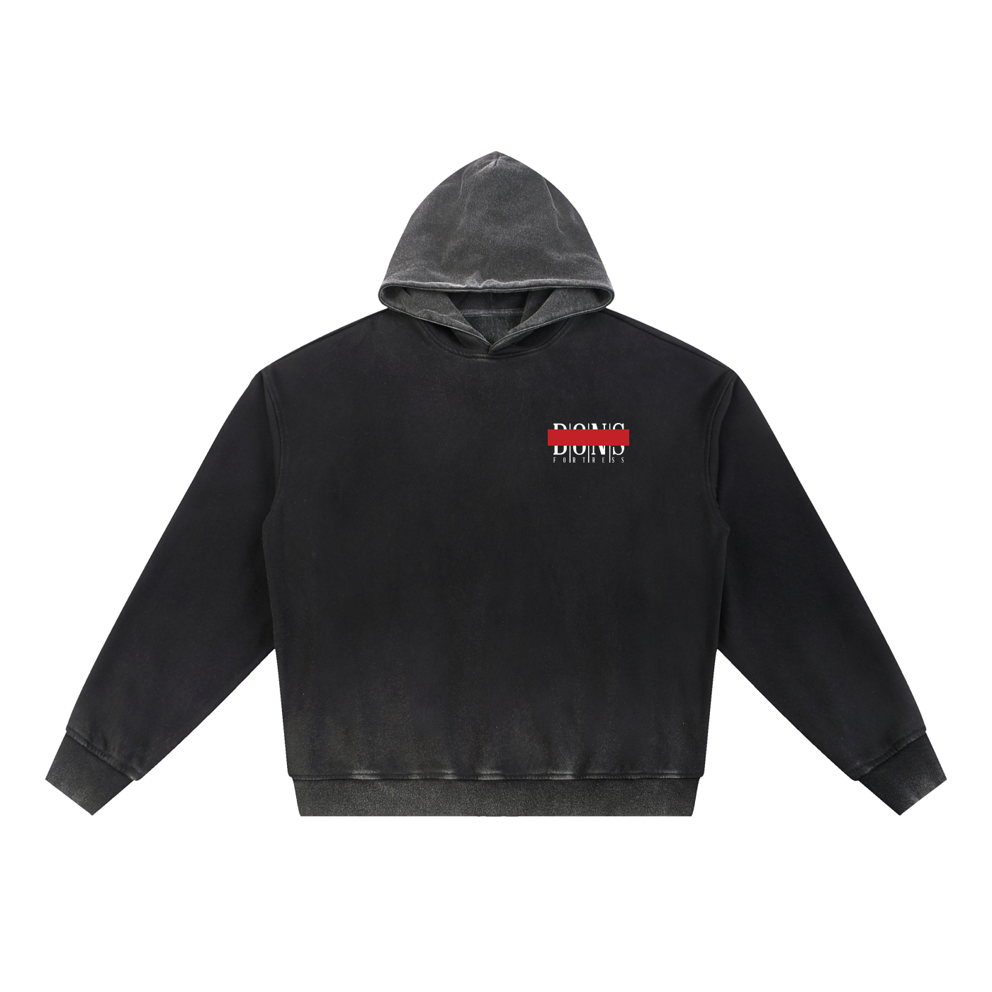 Black hoodie with a logo on the chest against a white background