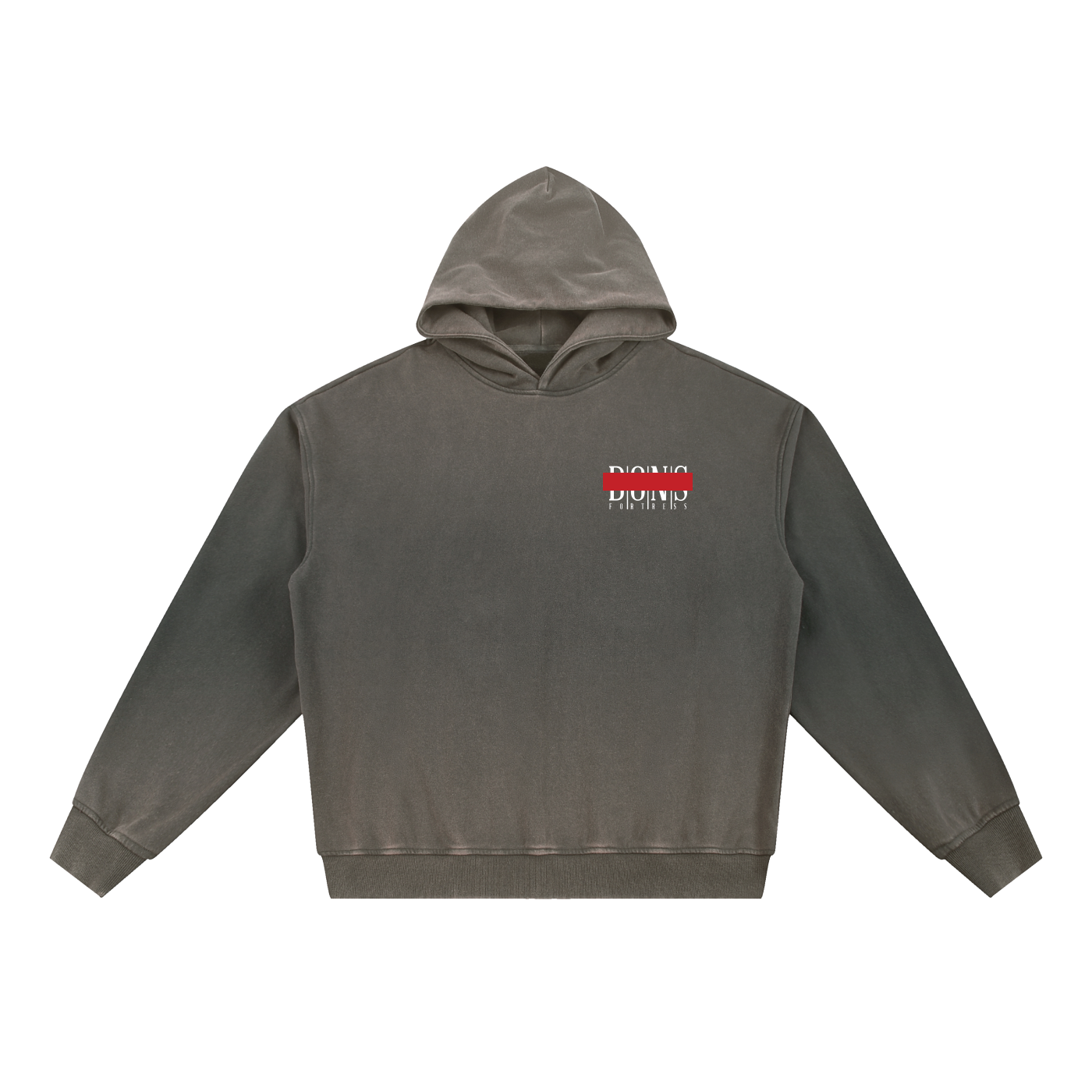 Gray hoodie with a red and white logo on a white background