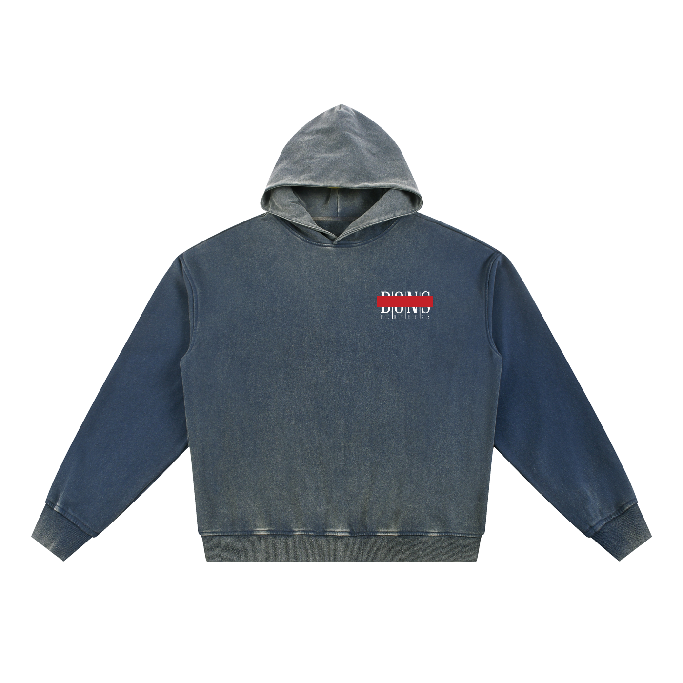Blue hoodie with a logo on the chest against a white background