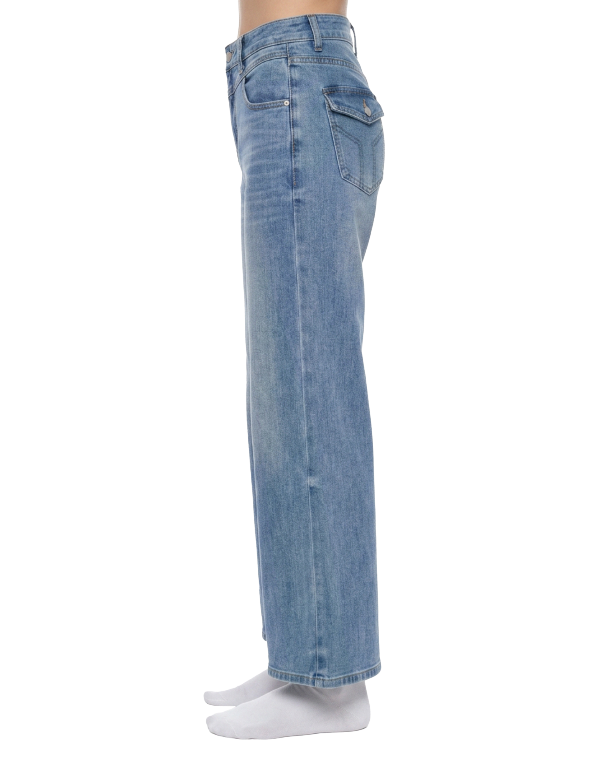 Light blue jeans worn by a person on a white background