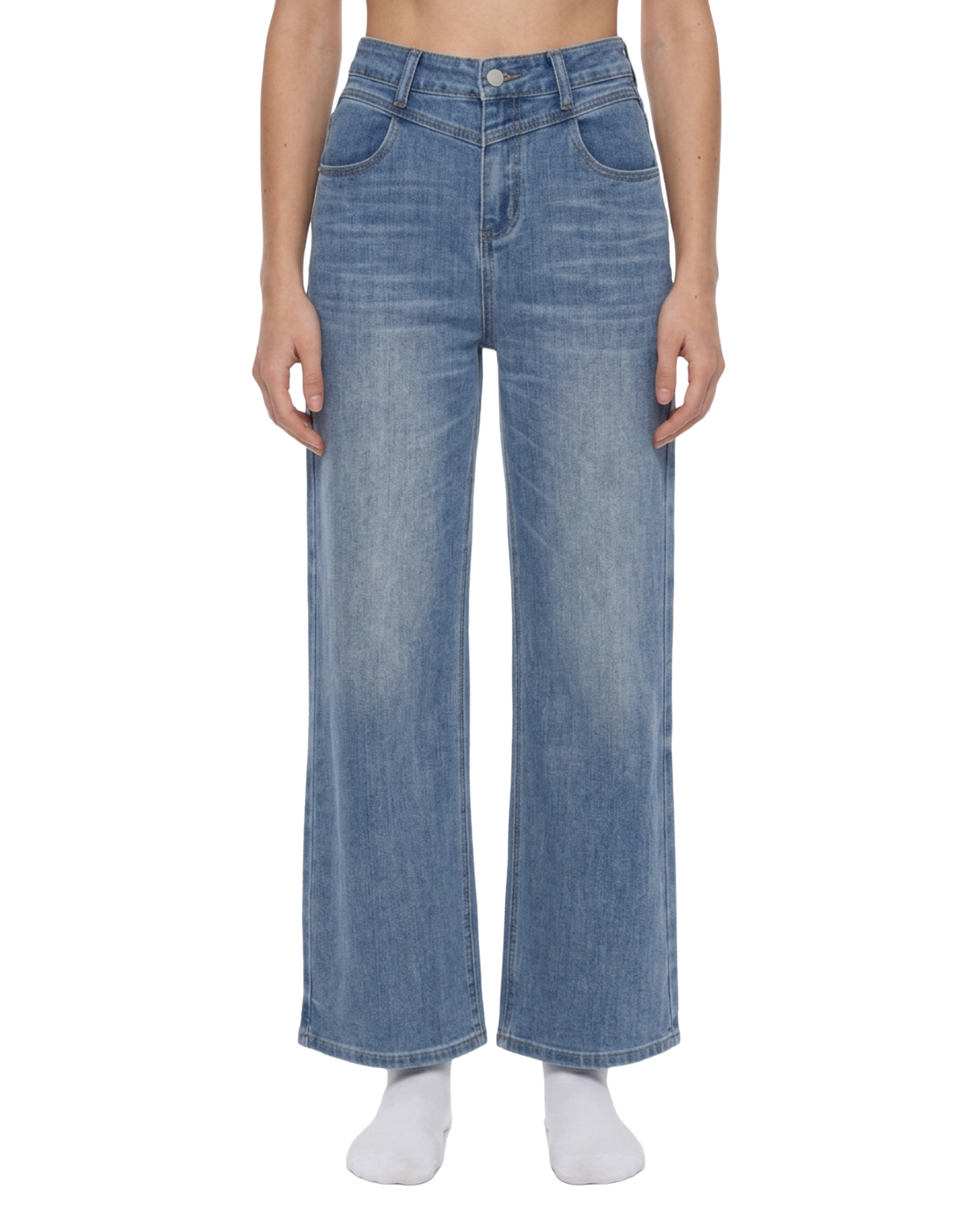 Person wearing blue jeans on a white background