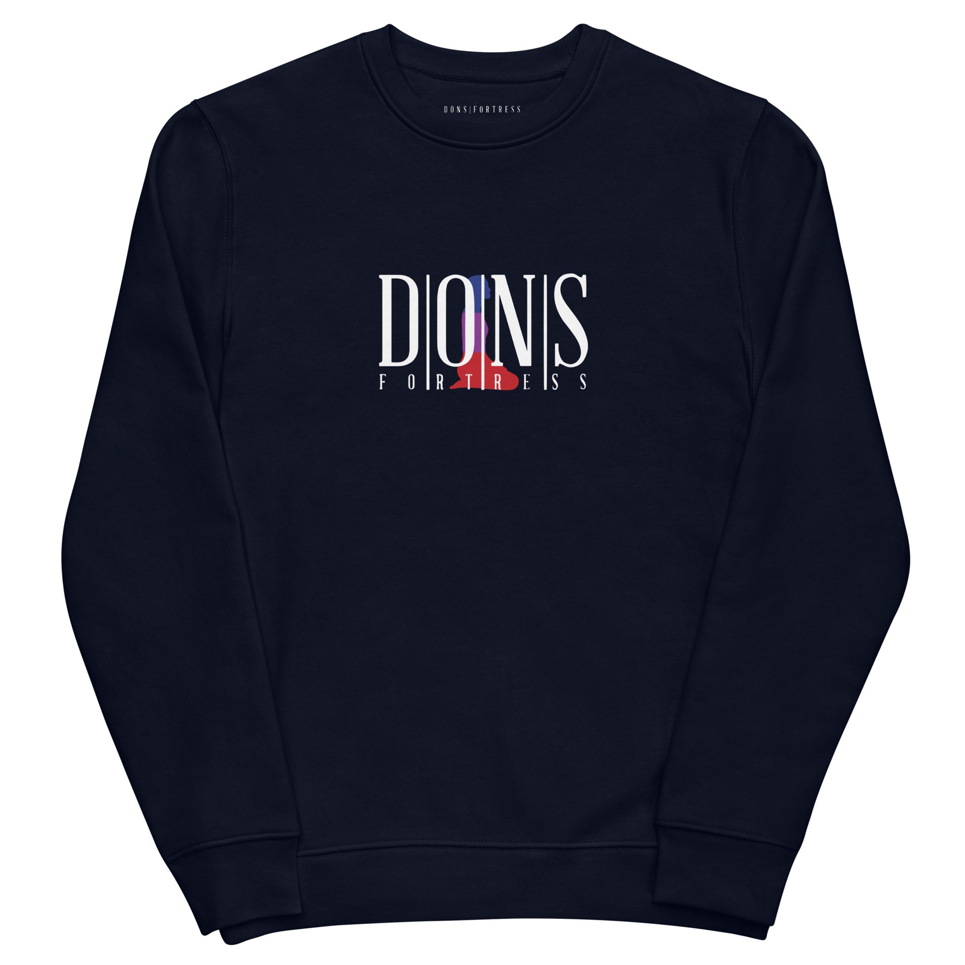 DONS|FORTRESS Hebron Eco-Friendly, Sustainable Pullover French Navy. With chest DTG print logos.