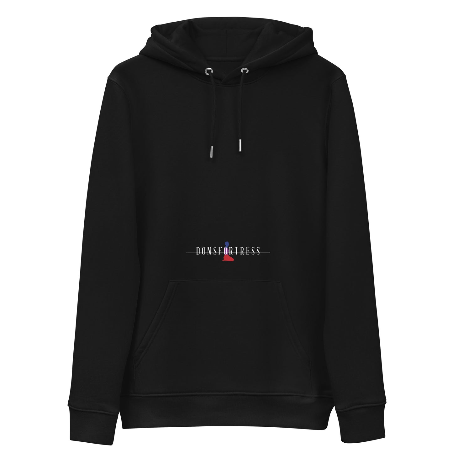 DONSFORTRESS Judah Eco-Friendly, Sustainable Hoodie in Black with chest and back logo prints.