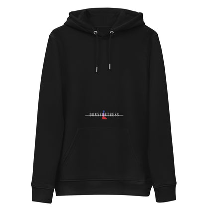 DONSFORTRESS Judah Eco-Friendly, Sustainable Hoodie in Black with chest and back logo prints.