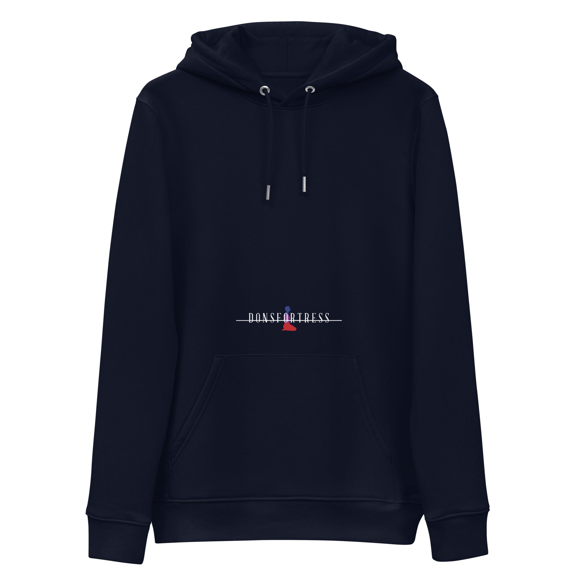 DONSFORTRESS Judah Eco-Friendly, Sustainable Hoodie in French Navy with chest and back logo prints.