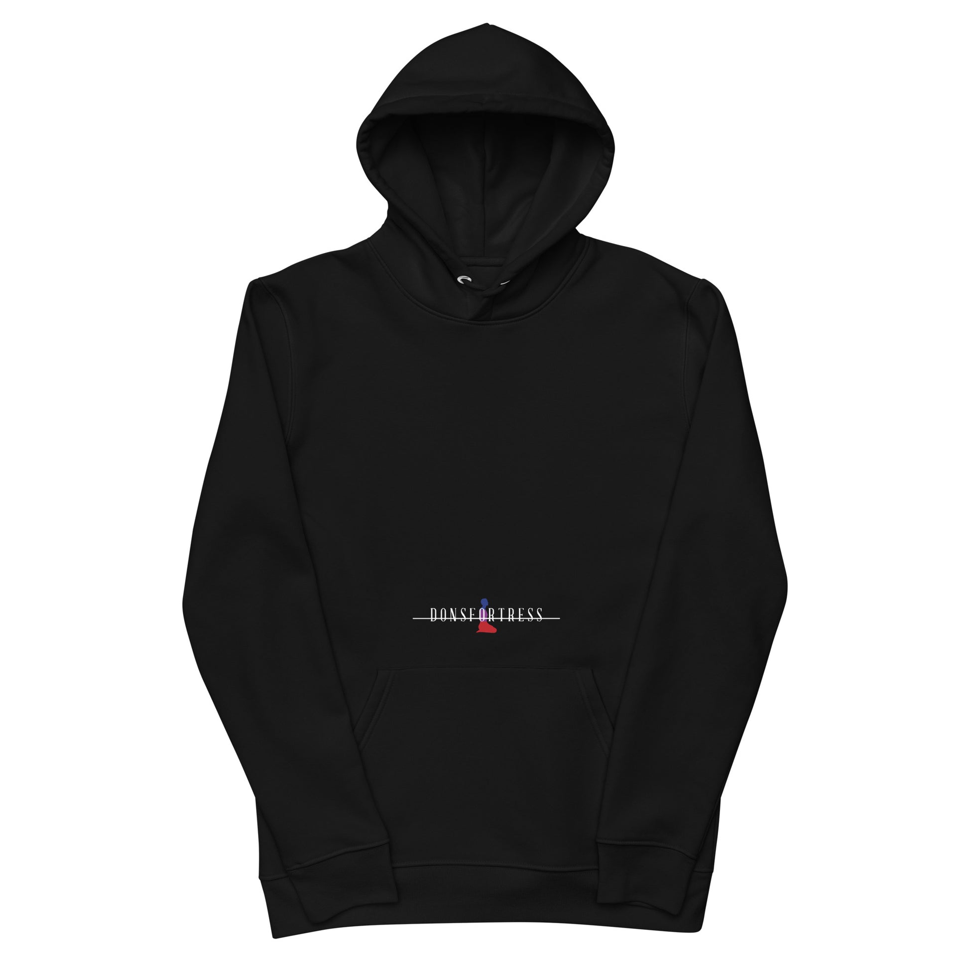 DONSFORTRESS Judah Eco-Friendly, Sustainable Hoodie in Black with chest and back logo prints.