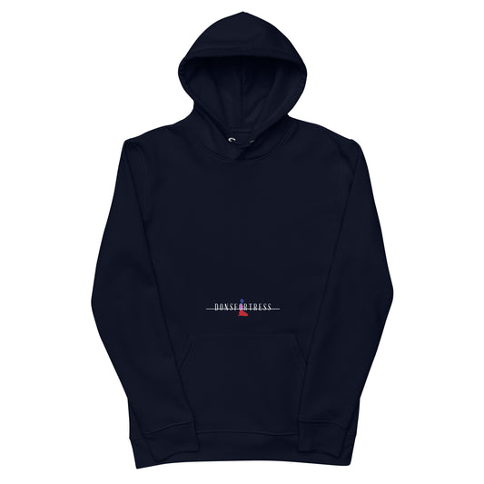 DONSFORTRESS Judah Eco-Friendly, Sustainable Hoodie in French Navy with chest and back logo prints.