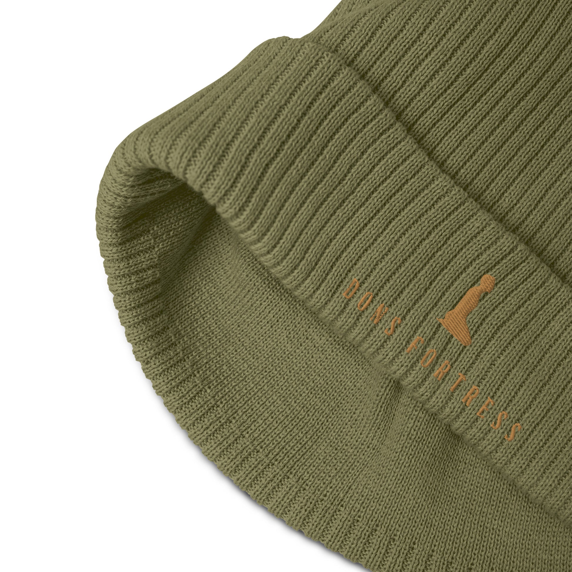 DONSFORTRESS Mankind Eco-Friendly Beanie in Olive Green with Old Gold embroidery. Made from 100% Organic Cotton.