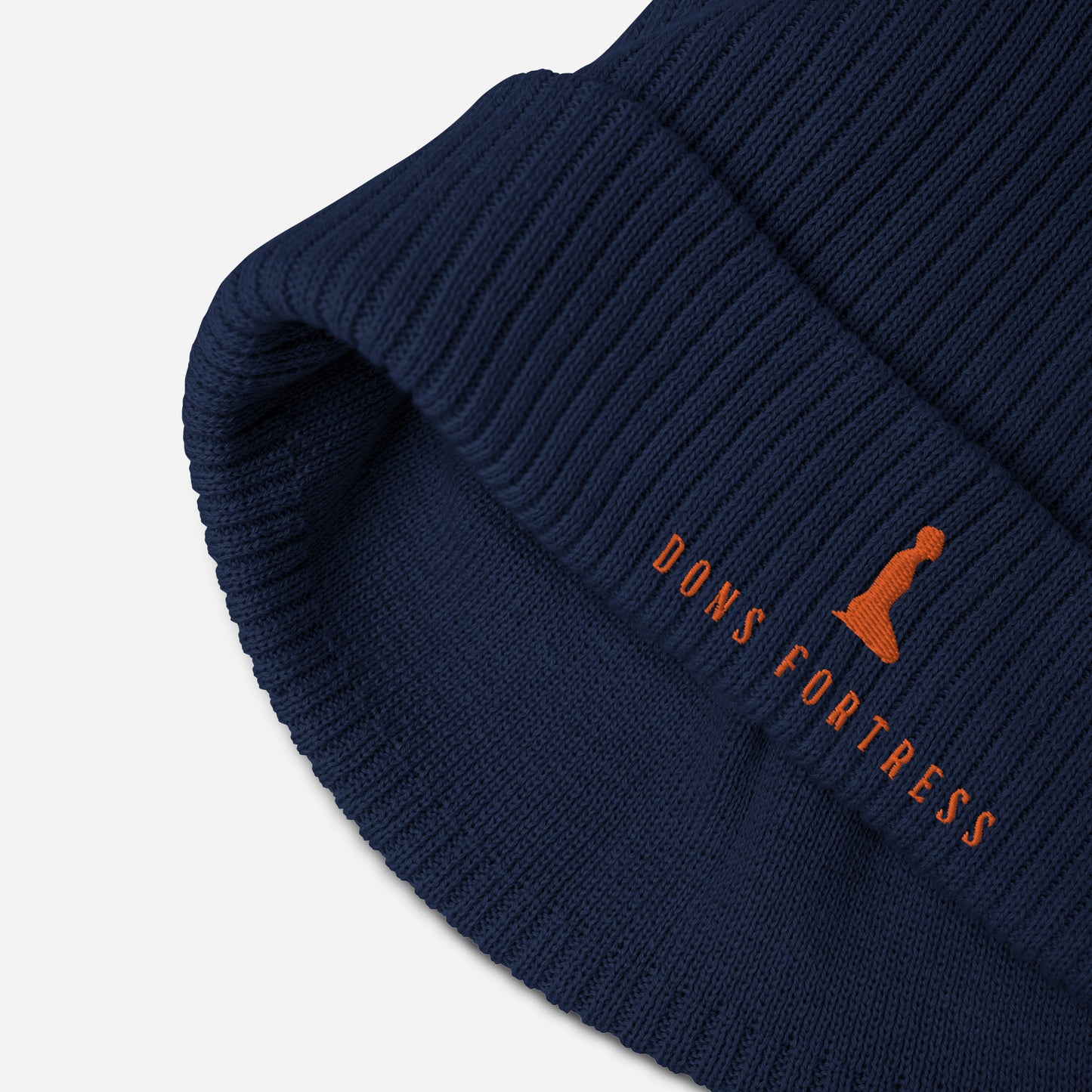 DONSFORTRESS Mankind Eco-Friendly Beanie in Oxford Navy with Orange embroidery. Made from 100% Organic Cotton.