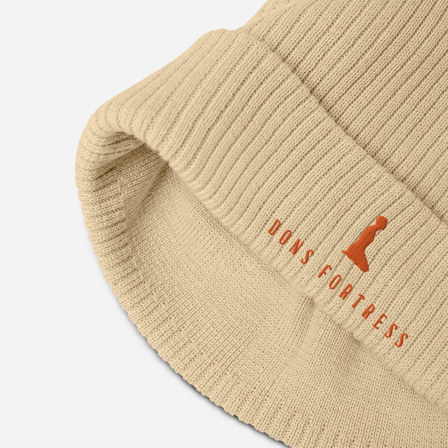 DONSFORTRESS Mankind Eco-Friendly Beanie in Sand with Orange embroidery. Made from 100% Organic Cotton.