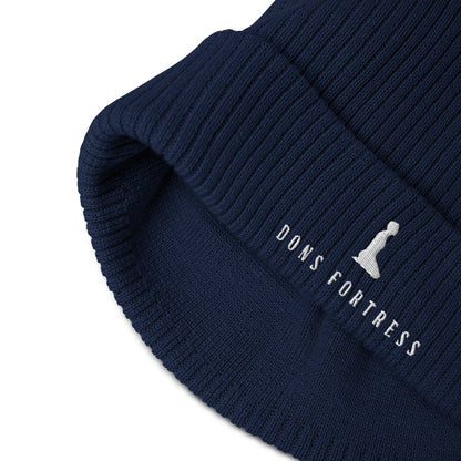 DONSFORTRESS Mankind Eco-Friendly Beanie in Oxford Navy with White embroidery. Made from 100% Organic Cotton.