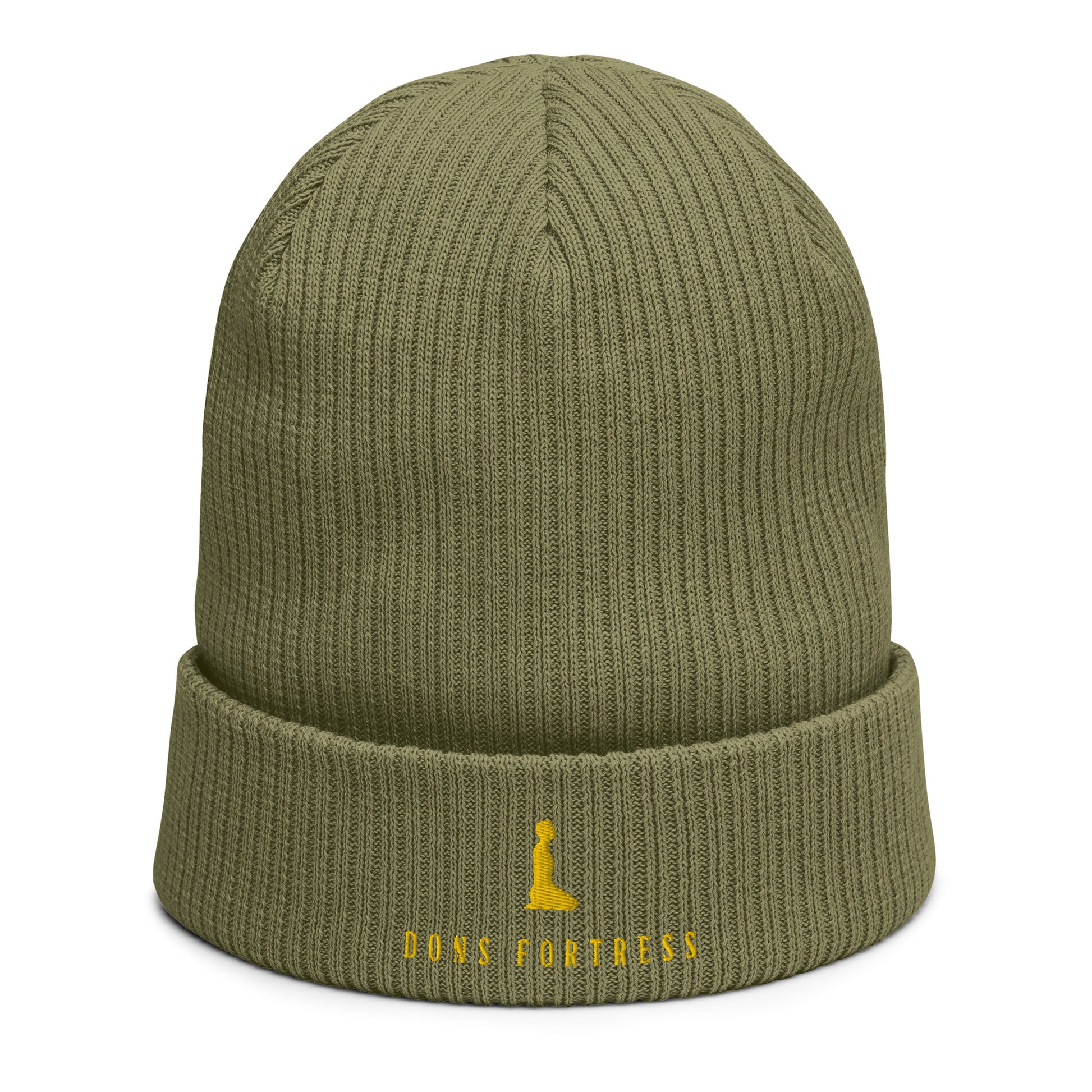 DONSFORTRESS Mankind Eco-Friendly Beanie in Olive Green with Gold embroidery. Made from 100% Organic Cotton.