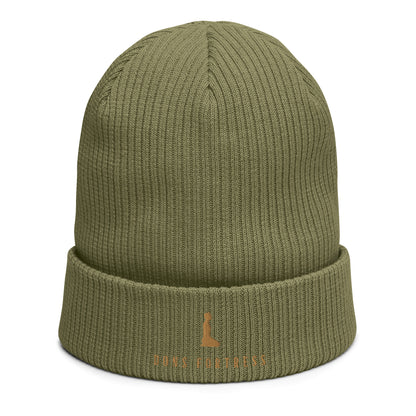 DONSFORTRESS Mankind Eco-Friendly Beanie in Olive Green with Old Gold embroidery. Made from 100% Organic Cotton.