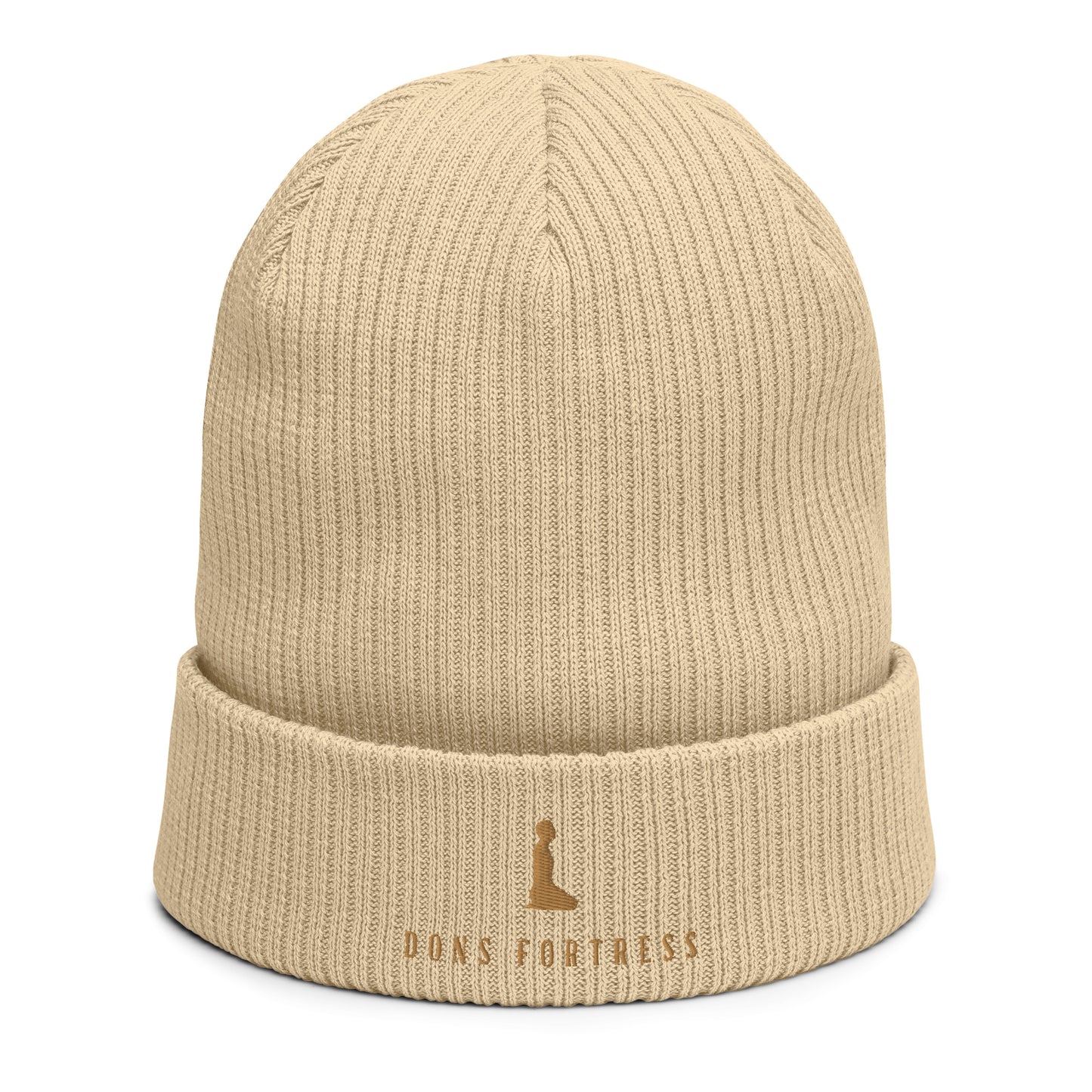 DONSFORTRESS Mankind Eco-Friendly Beanie in Sand with Old Gold embroidery. Made from 100% Organic Cotton.