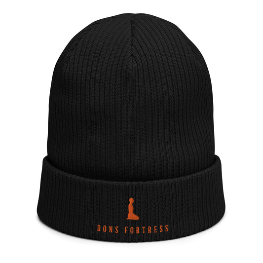 DONSFORTRESS Mankind Eco-Friendly Beanie in Black with Orange embroidery. Made from 100% Organic Cotton.