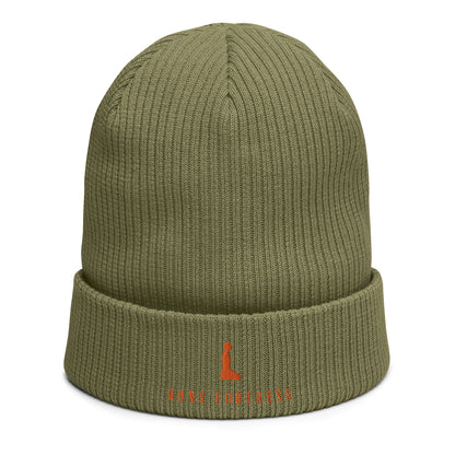 DONSFORTRESS Mankind Eco-Friendly Beanie in Olive Green with Orange embroidery. Made from 100% Organic Cotton.