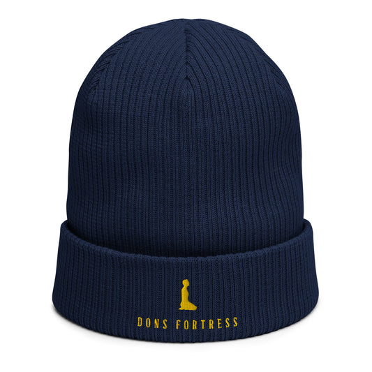 DONSFORTRESS Mankind Eco-Friendly Beanie in Oxford Navy with Gold embroidery. Made from 100% Organic Cotton.