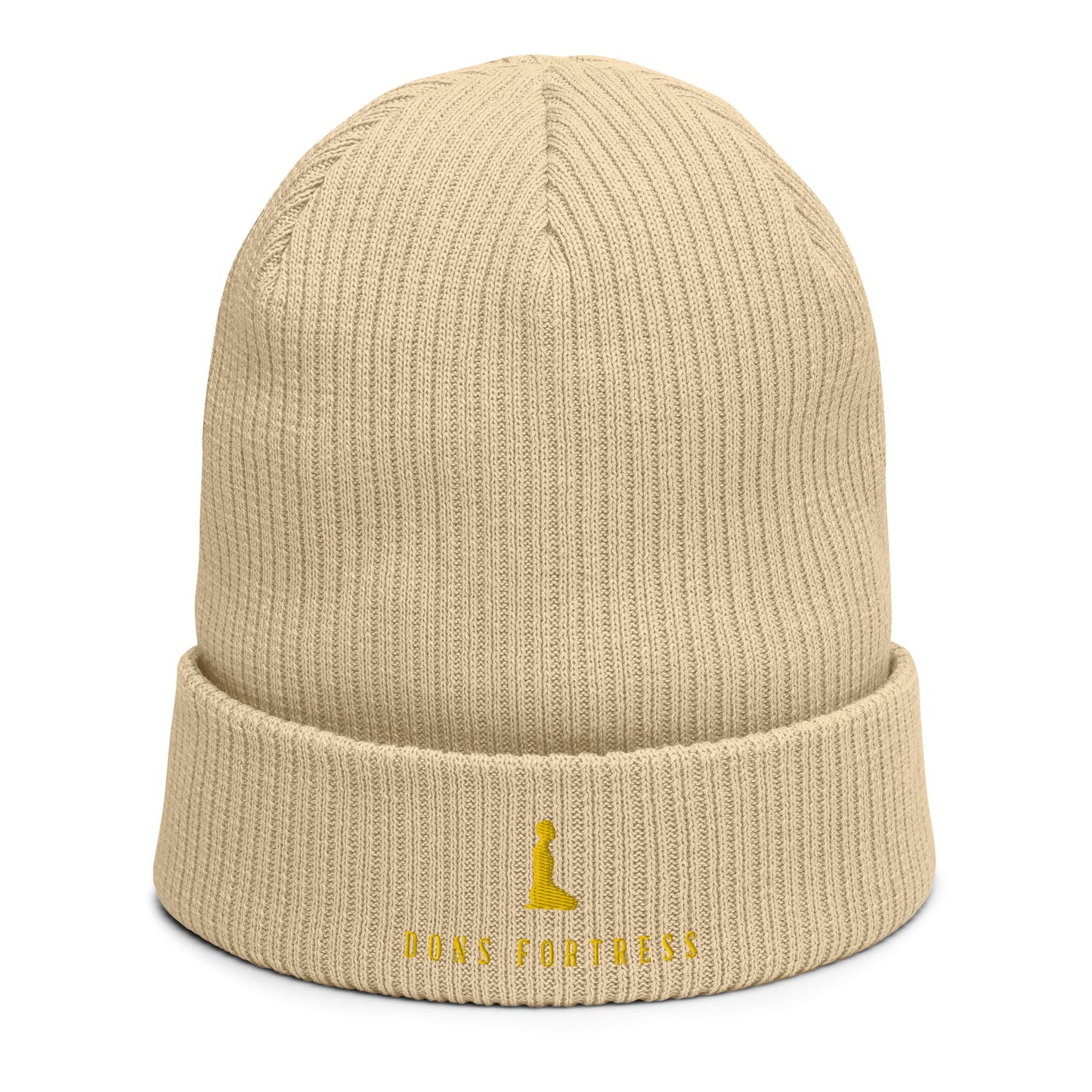 DONSFORTRESS Mankind Eco-Friendly Beanie in Sand with Gold embroidery. Made from 100% Organic Cotton.