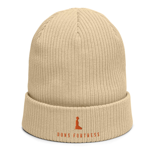 DONSFORTRESS Mankind Eco-Friendly Beanie in Sand with Orange embroidery. Made from 100% Organic Cotton.