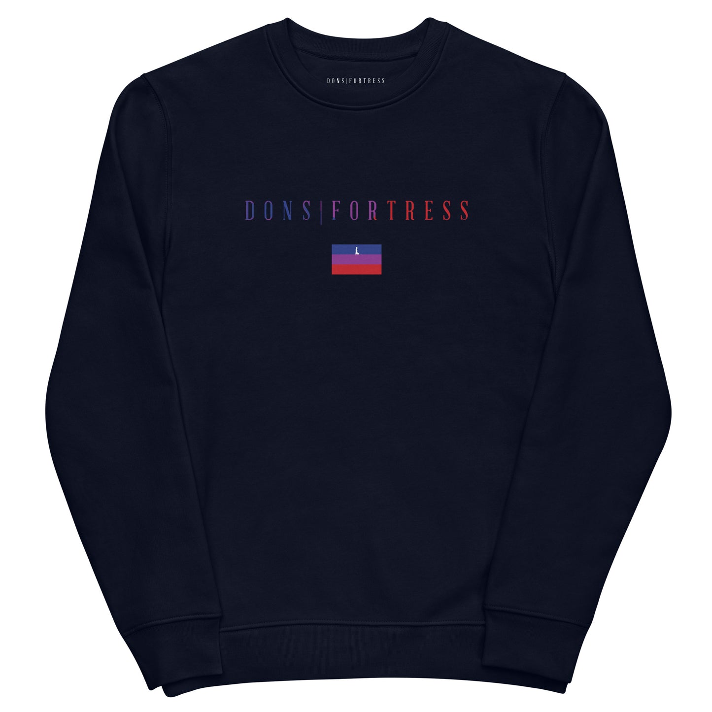 DONS|FORTRESS Nain Eco-Friendly, Sustainable Pullover in French Navy. With chest Mankind Flag print.