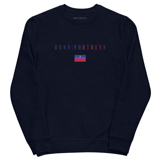 DONS|FORTRESS Nain Eco-Friendly, Sustainable Pullover in French Navy. With chest Mankind Flag print.