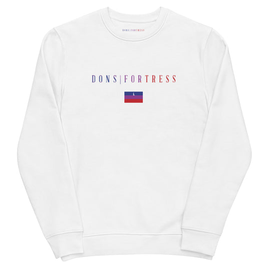 DONS|FORTRESS Nain Eco-Friendly, Sustainable Pullover in White. With chest Mankind Flag print.