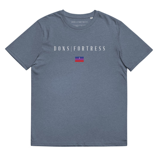 DONSFORTRESS Nain Sustainable, Eco-Friendly Tee in Dark Heather Blue. Made from 100% organic ring-spun cotton.