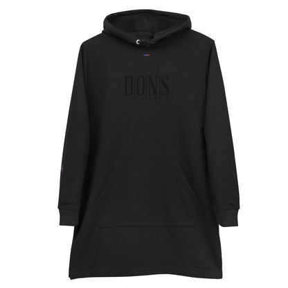 DONSFORTRESS Nebo Eco-Friendly Hoodie Dress in Black. Made from 85% organic ring-spun cotton and 15% recycled polyester.