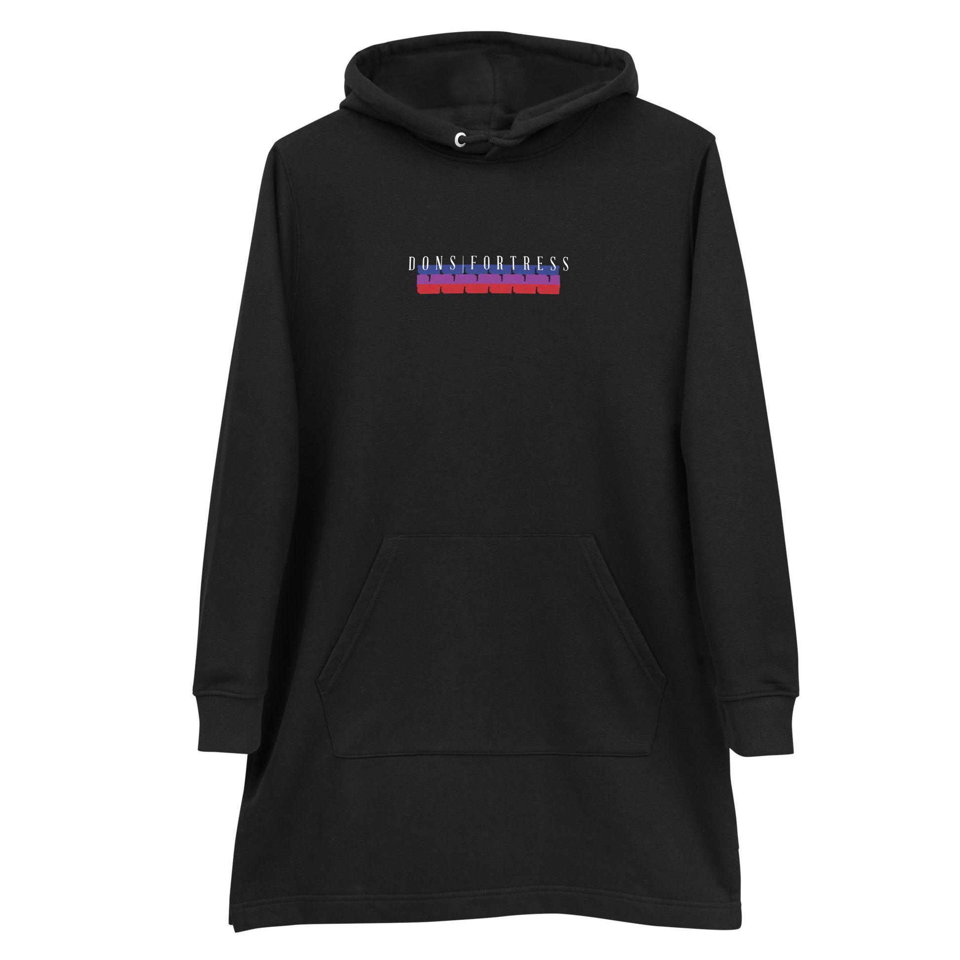 DONSFORTRESS Ophire Eco-Friendly Hoodie Dress in Black. Made from 85% organic ring-spun cotton and 15% recycled polyester.