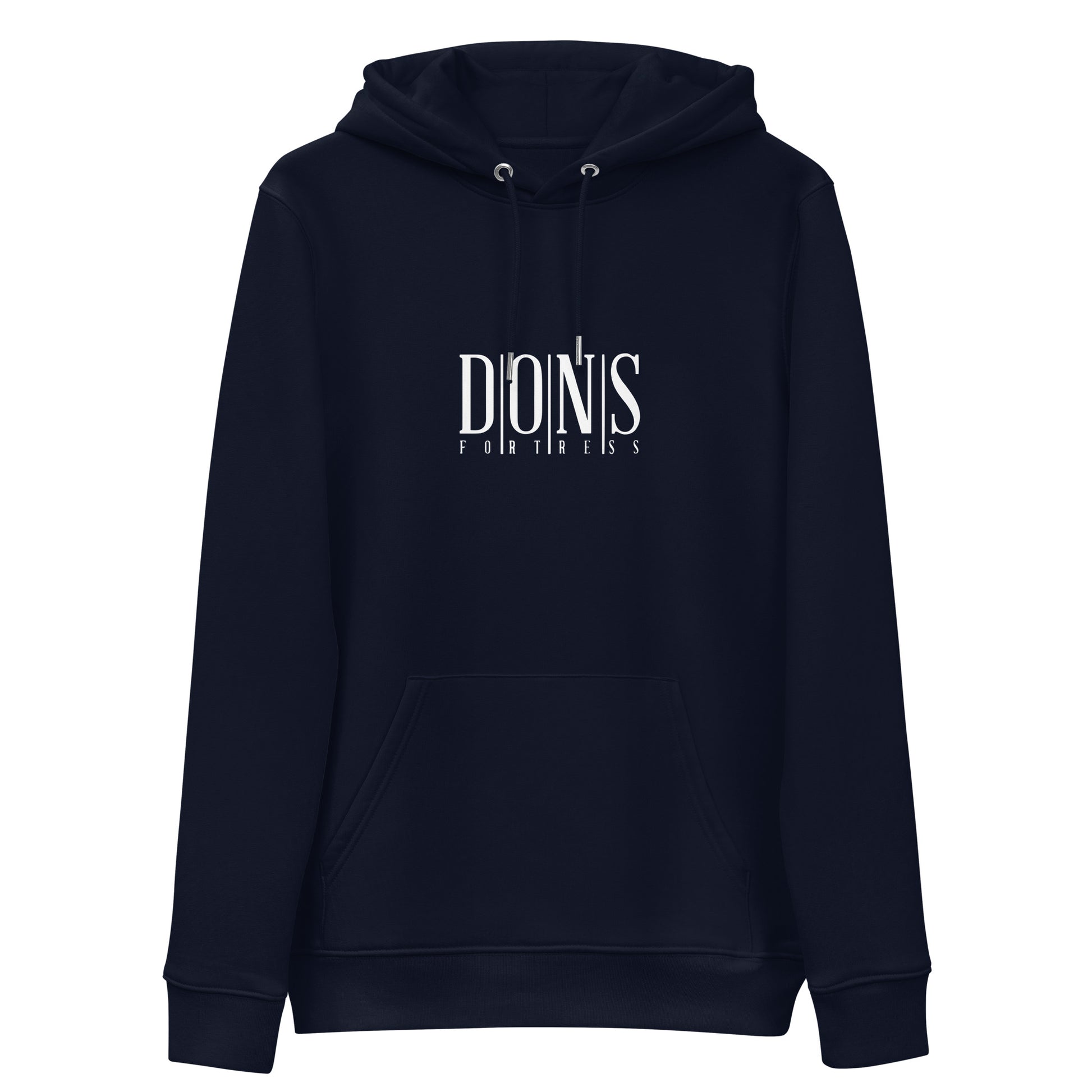 DONSFORTRESS Principle Eco-Friendly, Sustainable Hoodie Flat in French Navy with chest print logo.