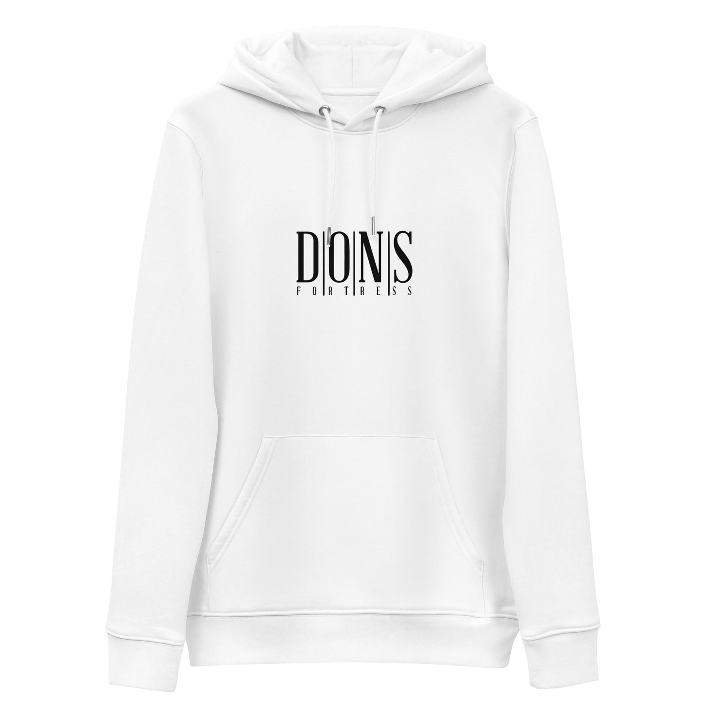 DONSFORTRESS Principle Eco-Friendly, Sustainable Hoodie Flat in White with chest print logo.