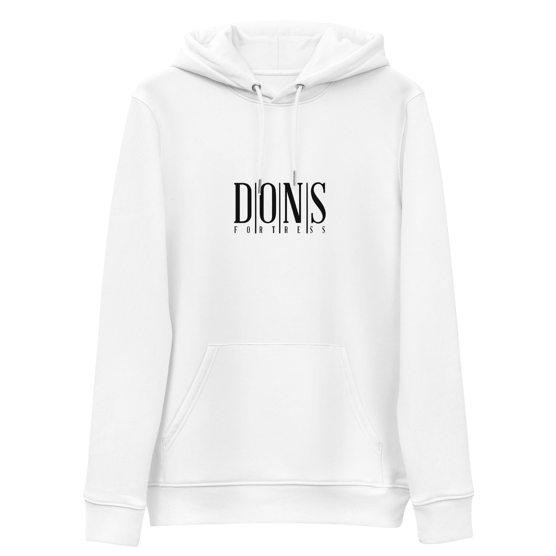 DONSFORTRESS Principle Eco-Friendly, Sustainable Hoodie Flat in White with chest print logo.